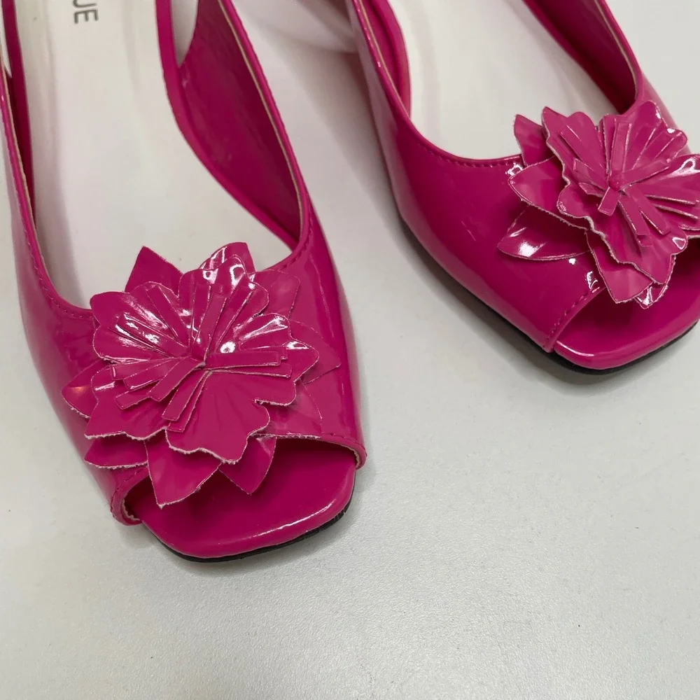 Hot Pink Patent Floral Peep Toe Slingback Wedge Sandals 8.5M Wedding Guest Bold